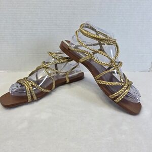 Zara Gold Wrap Gladiator Sandal 39/8.5 Square Toe Flat Summer Boho Strappy